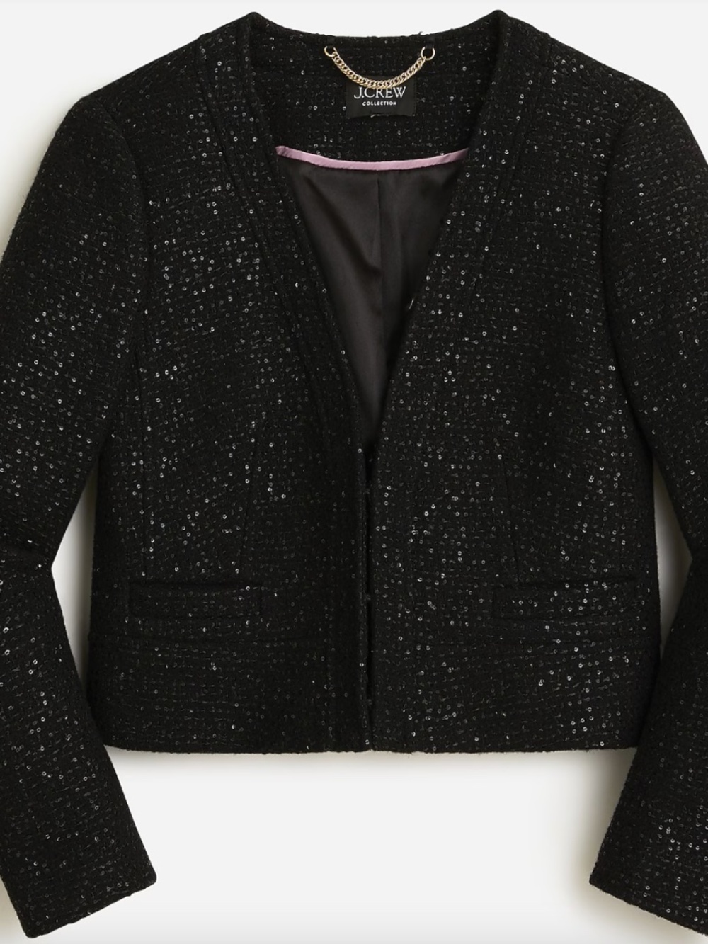 Collarless lady jacket in sequin tweed